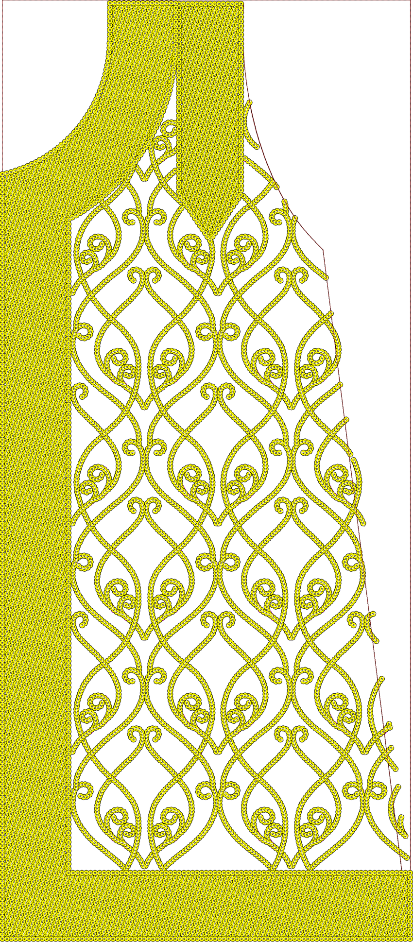 Embroidery design: A decorative embroidery design featuring a repeating, symmetrical yellow arabesque scrollwork pattern with solid yellow 