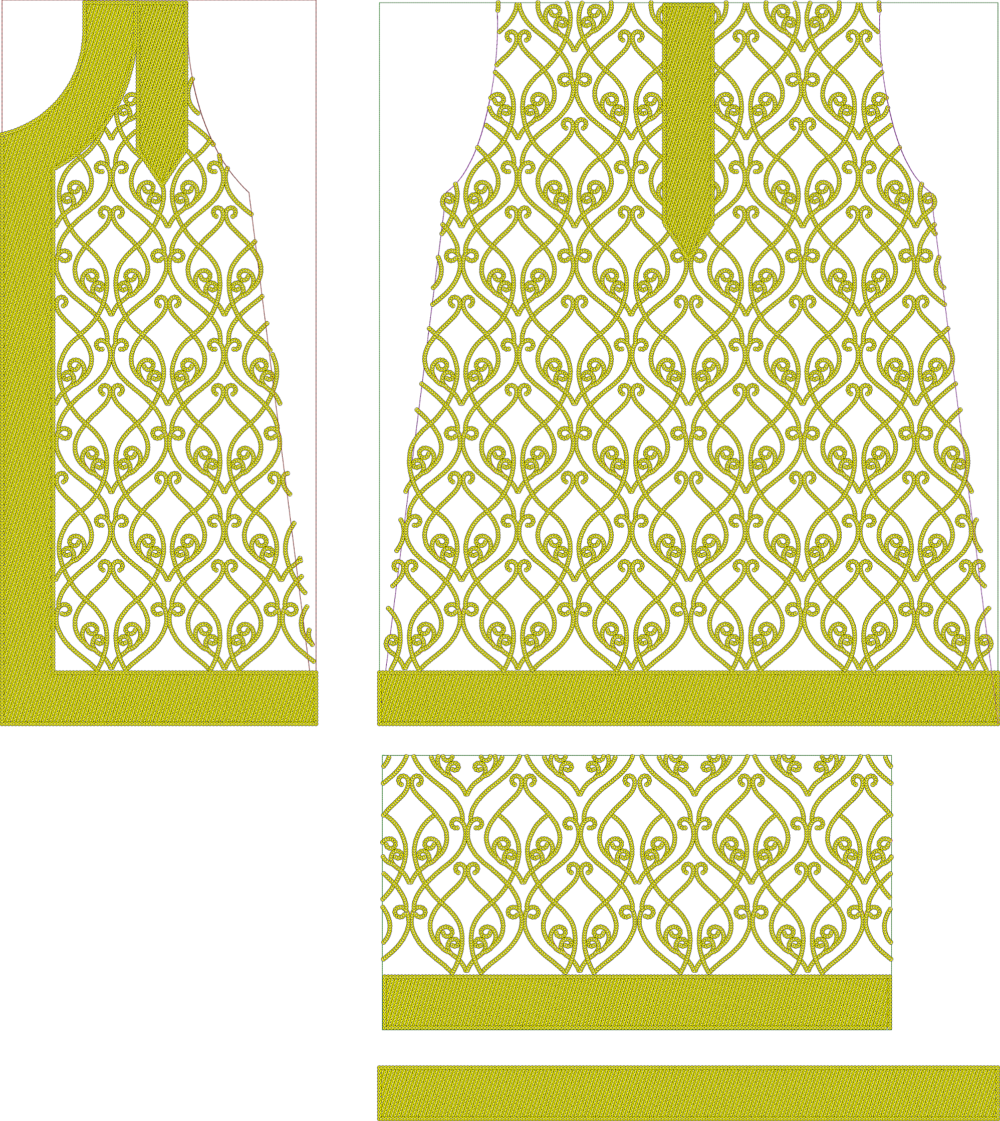 Embroidery design: A yellow ornamental arabesque and scrollwork embroidery design with a repeating symmetrical pattern, featuring a stylize