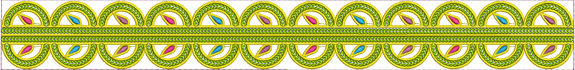 Embroidery design: A decorative, symmetrical, and repeating border embroidery design with ethnic and ornamental influences. The design feat