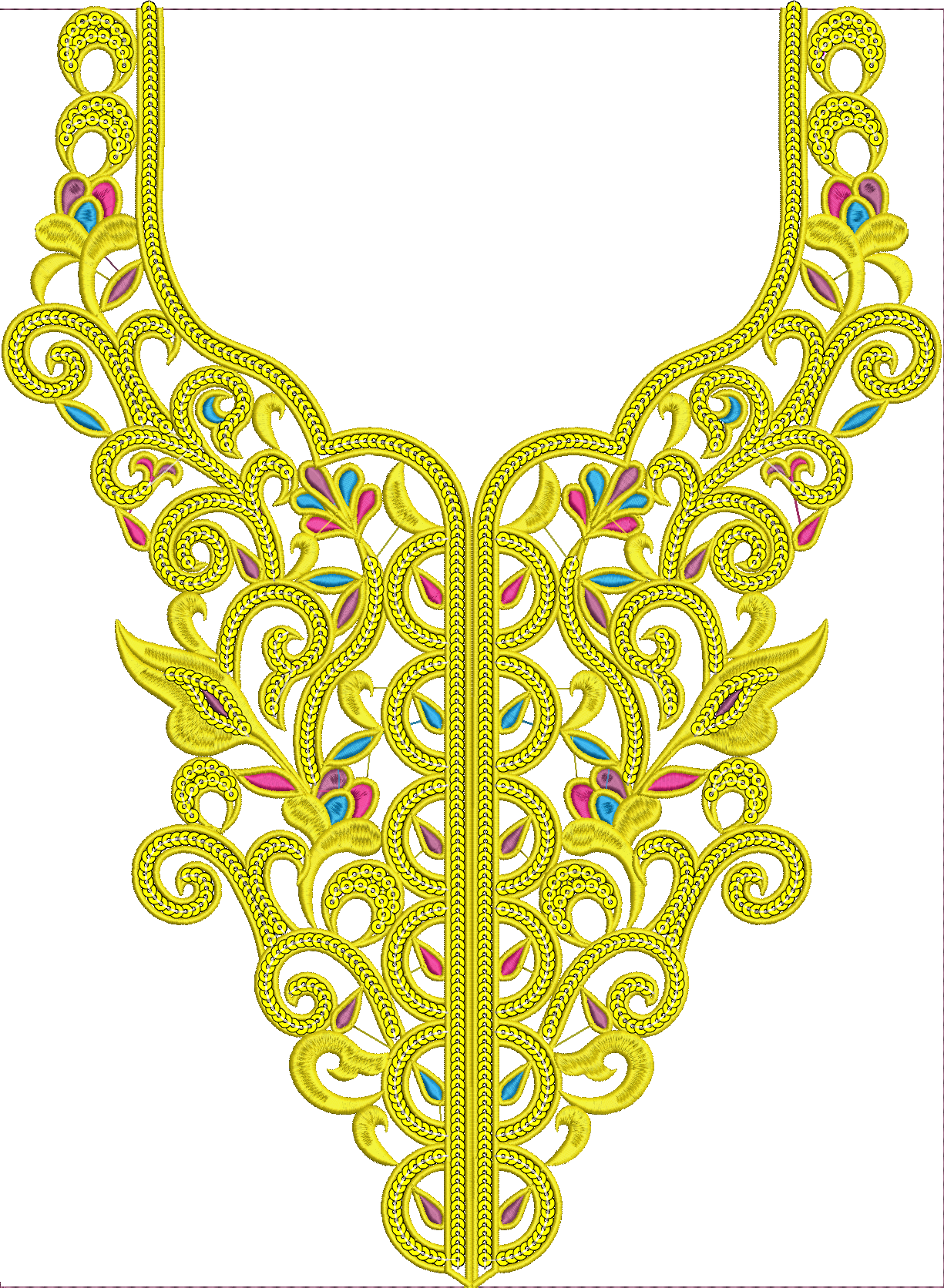 Embroidery design: A yellow, ornamental neckline embroidery design with pink and blue floral accents and intricate symmetrical scrollwork.