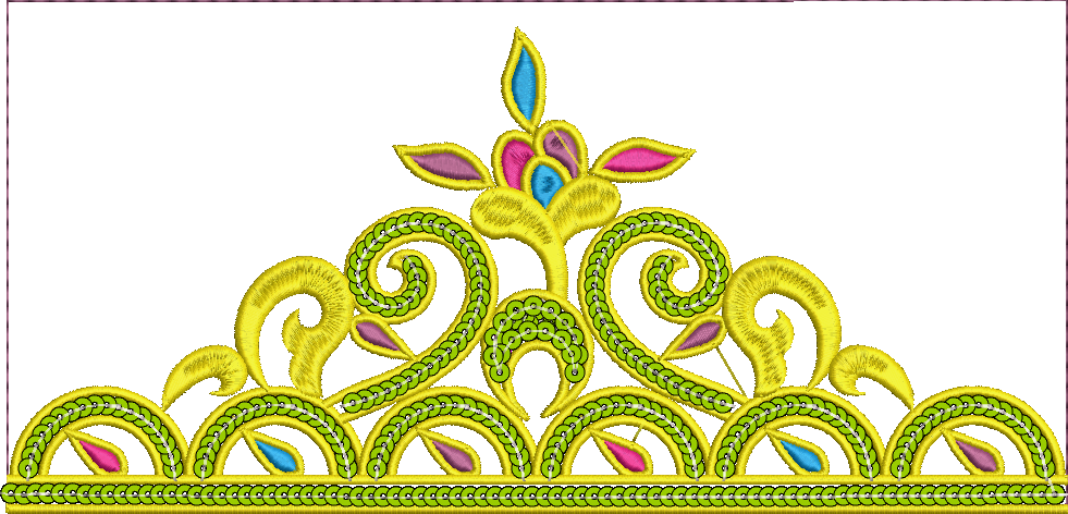 Embroidery design: An ornate, symmetrical embroidery design resembling a crown, featuring golden scrollwork with green accents, colorful ge