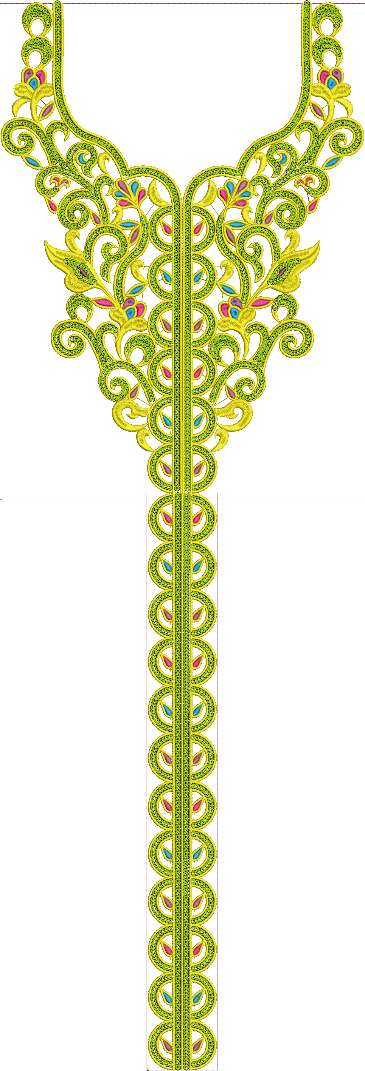 Embroidery design: An elaborate embroidery design for a garment neckline and a vertical trim, featuring yellow and lime green scrollwork wi