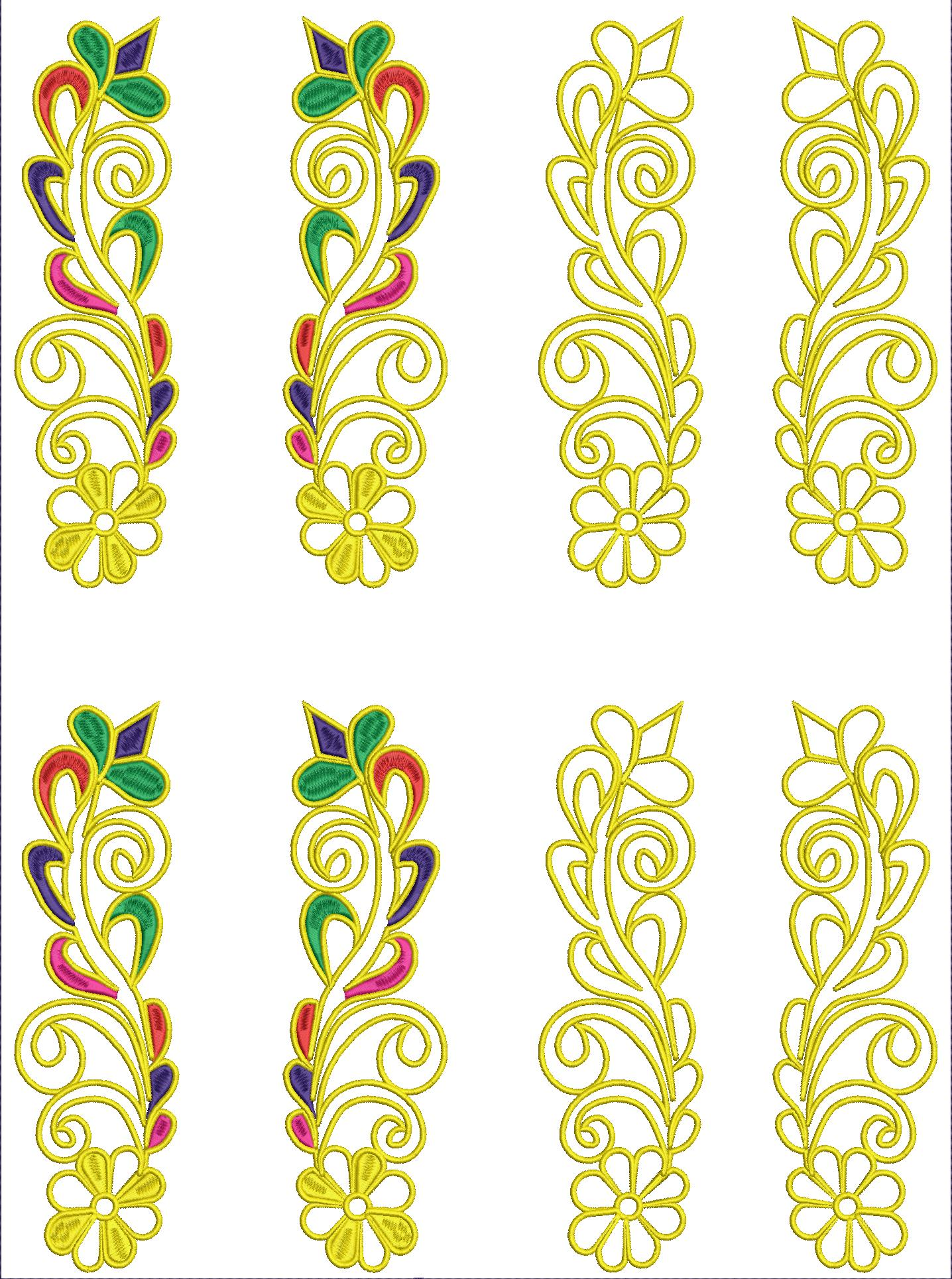 Embroidery design: Four vertical embroidery borders, two with colorful floral and scrollwork motifs in yellow, red, green, purple, and pink