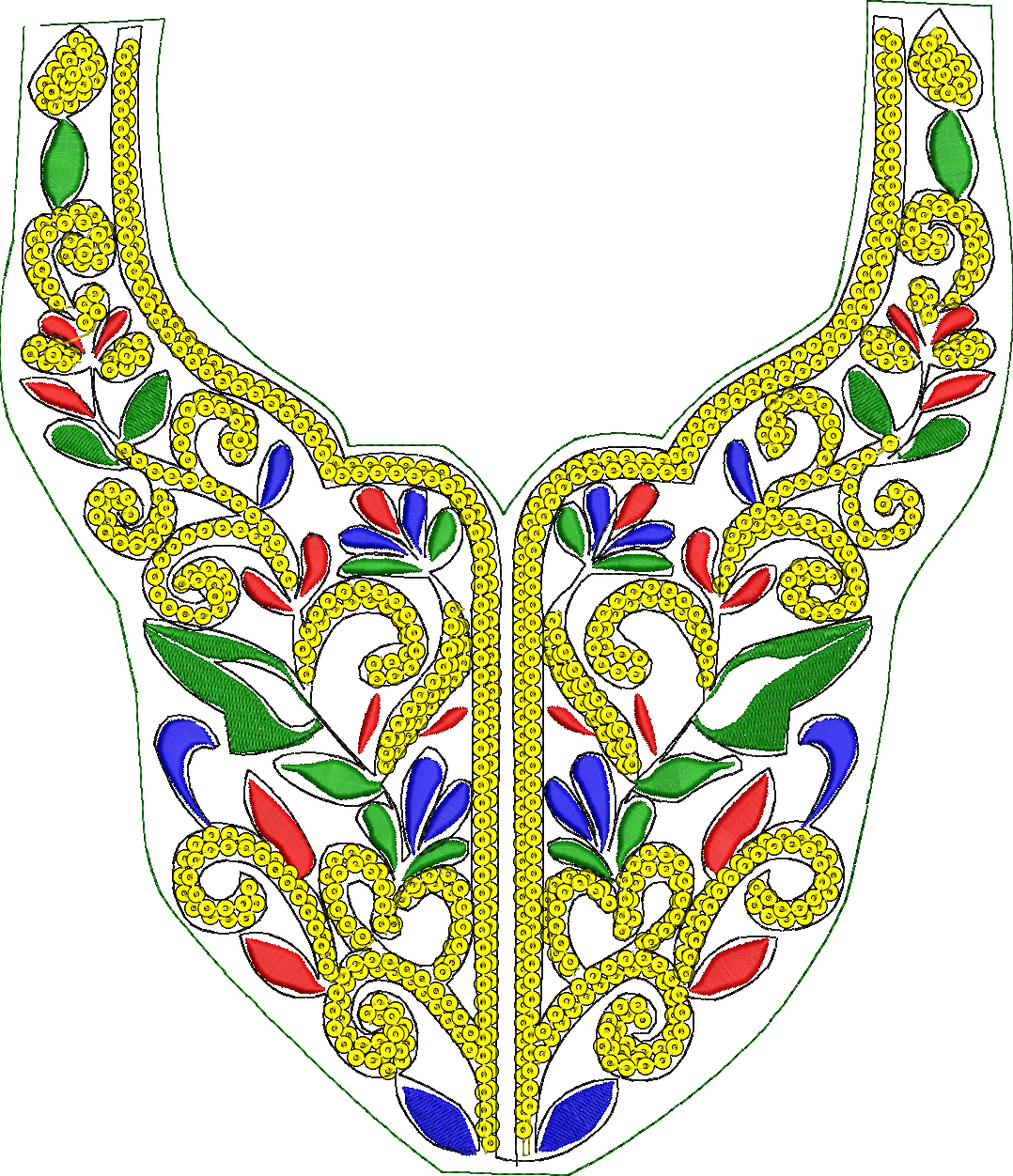 Embroidery design: A decorative neckline embroidery design featuring symmetrical yellow scrollwork with red, blue, and green floral and lea