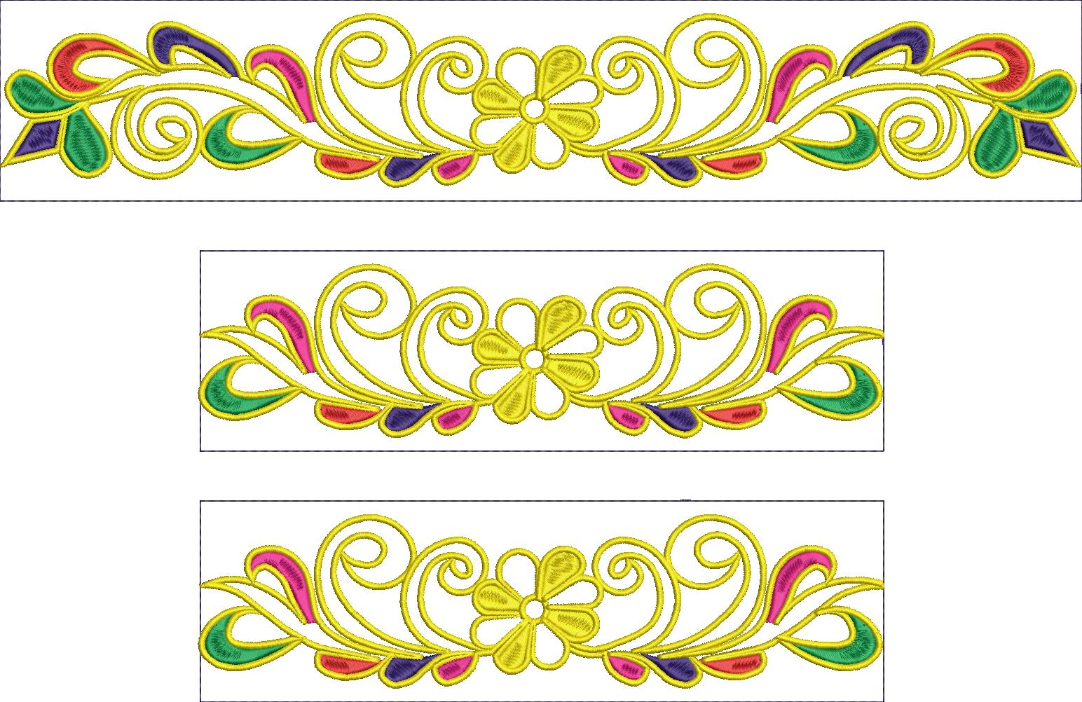 Embroidery design: A decorative floral border embroidery design with symmetrical arrangement of yellow flowers, green leaves, and pink, pur