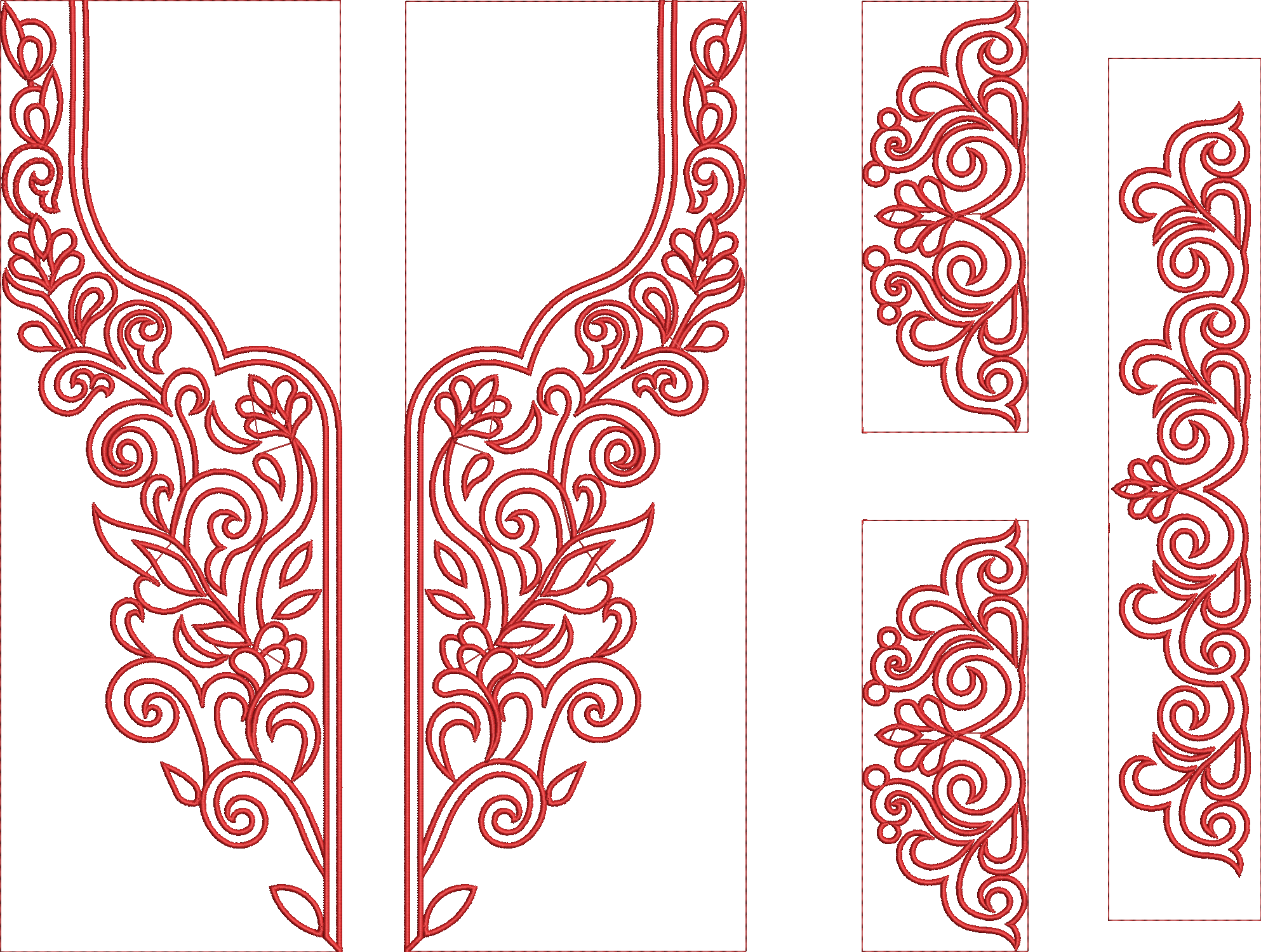 Embroidery design: A red embroidery design featuring floral and vine motifs, suitable for a neckline, border, or trim. The design includes 
