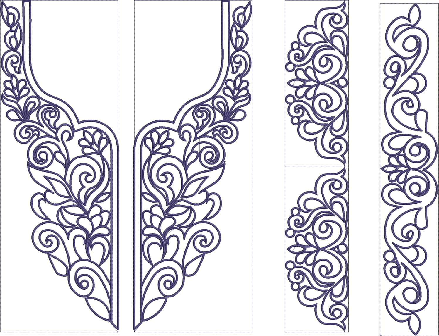 Embroidery design: An embroidery design featuring a symmetrical navy blue neckline piece with floral and scrollwork motifs, accompanied by 