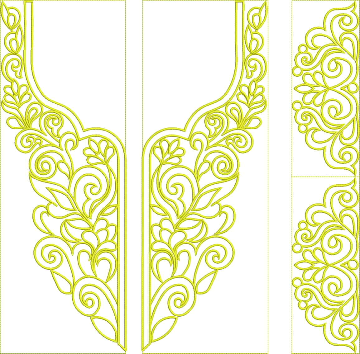 Embroidery design: A yellow embroidery design for a neckline or collar, featuring symmetrical scrollwork, floral motifs, and foliage. Inclu