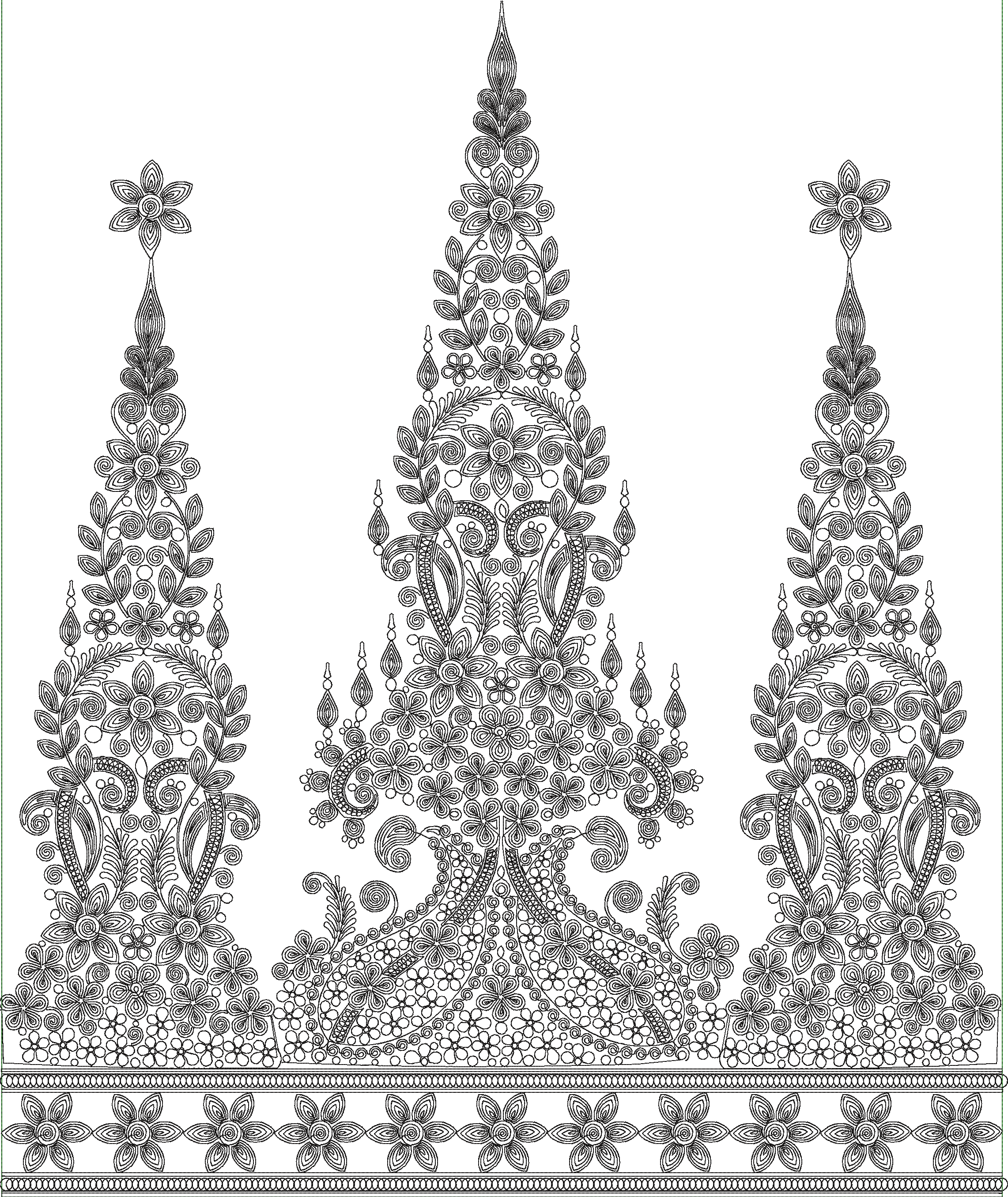 Embroidery design: A symmetrical black and white embroidery design featuring a central vertical motif with flanking elements and a decorati