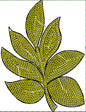 Embroidery design: A decorative embroidery design featuring a yellow leaf with a black outline, filled with a geometric pattern.