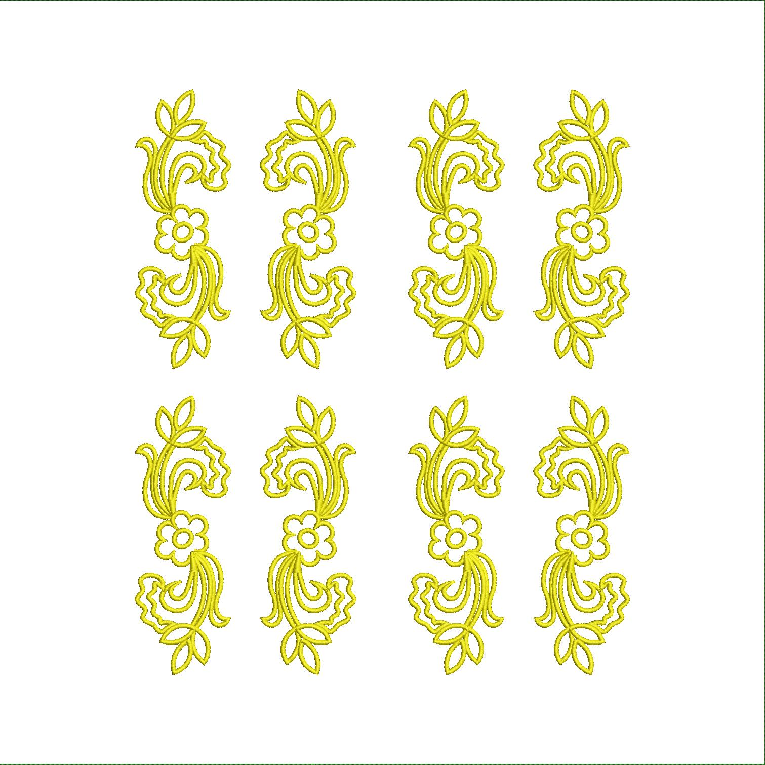 Embroidery design: A set of eight identical yellow embroidery motifs, each featuring a central flower with four petals, surrounded by symme
