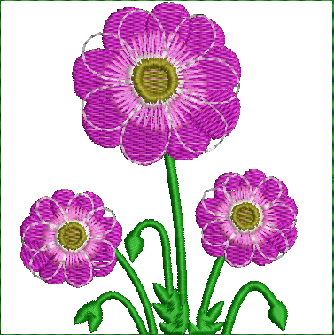 Embroidery design: A decorative embroidery design featuring three purple flowers with yellow centers and green stems and leaves.