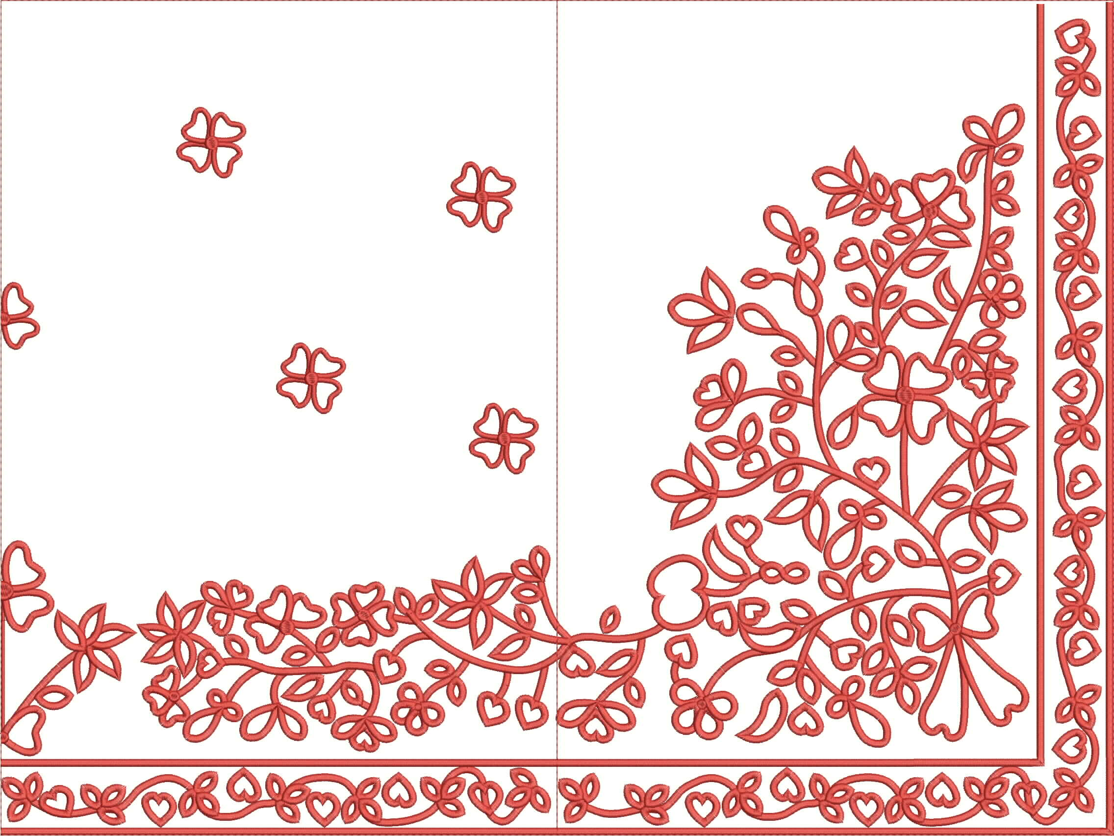 Embroidery design: A coral red embroidery design featuring scattered four-petal flowers and an intricate arrangement of vines, leaves, and 