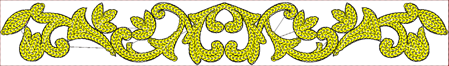 Embroidery design: A symmetrical yellow ornamental border design with scrollwork and leaf motifs, featuring grey and black outlines and a d