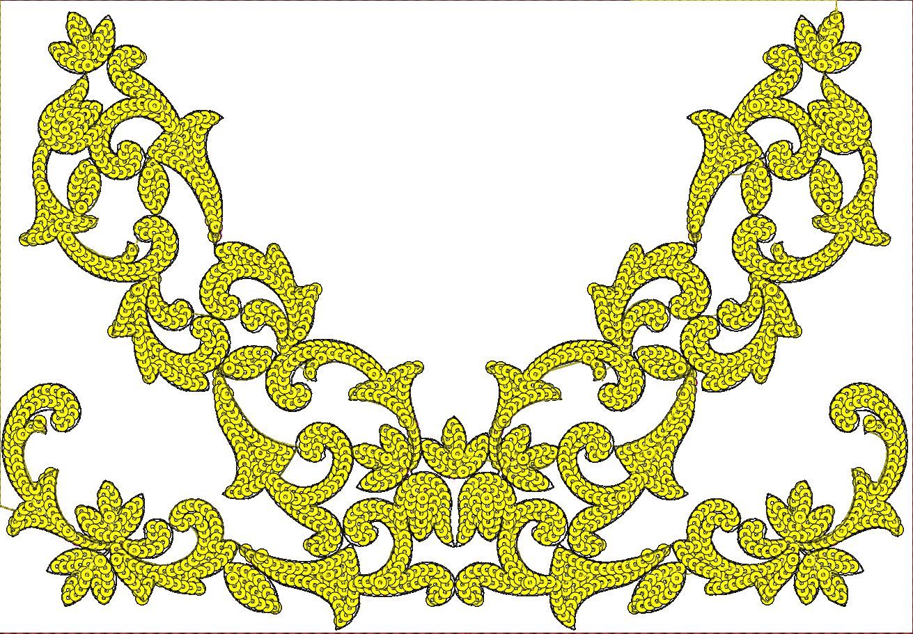 Embroidery design: A yellow ornamental embroidery design with black outlining, featuring scrollwork and vine motifs. It is symmetrical and 