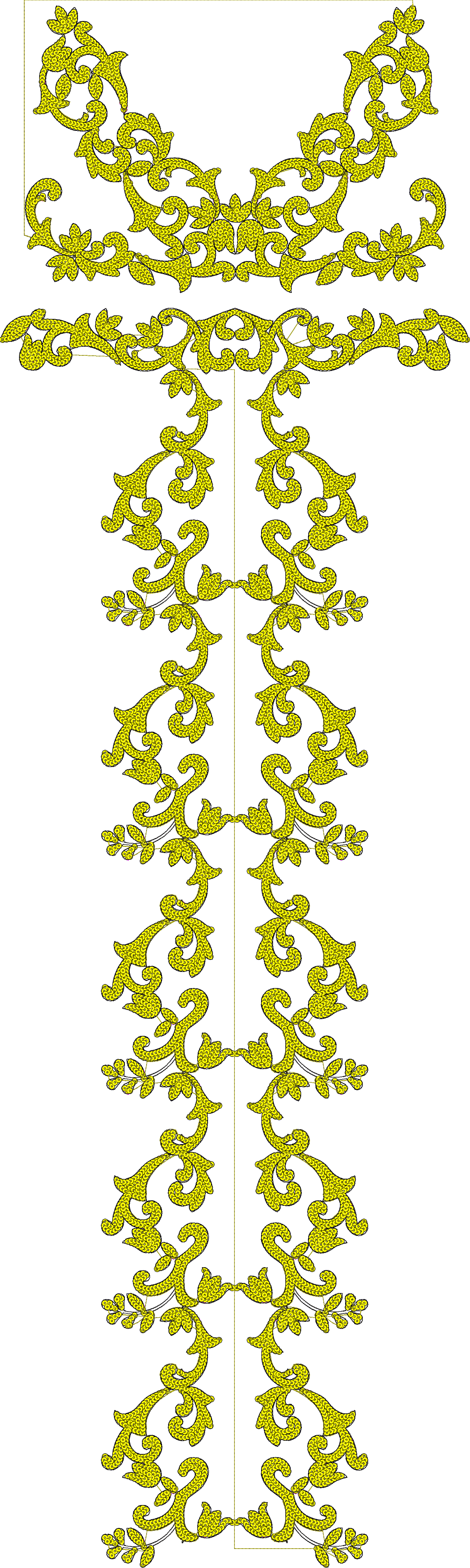 Embroidery design: A symmetrical yellow embroidery design featuring intricate ornamental scrollwork with floral and foliage motifs, suitabl