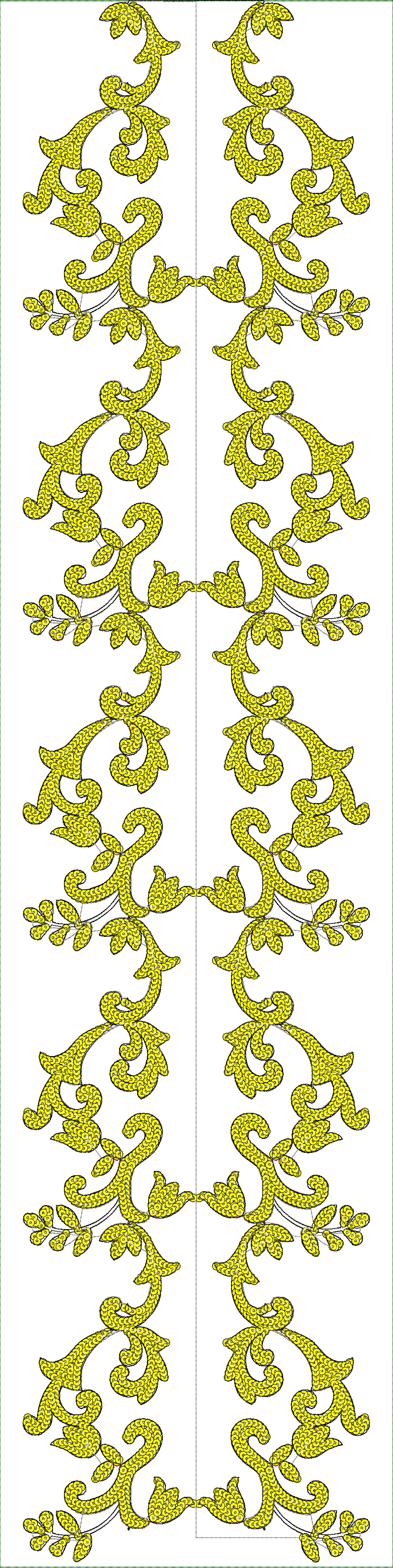 Embroidery design: A symmetrical, ornamental embroidery design in yellow, featuring scrollwork with botanical and floral elements, suitable