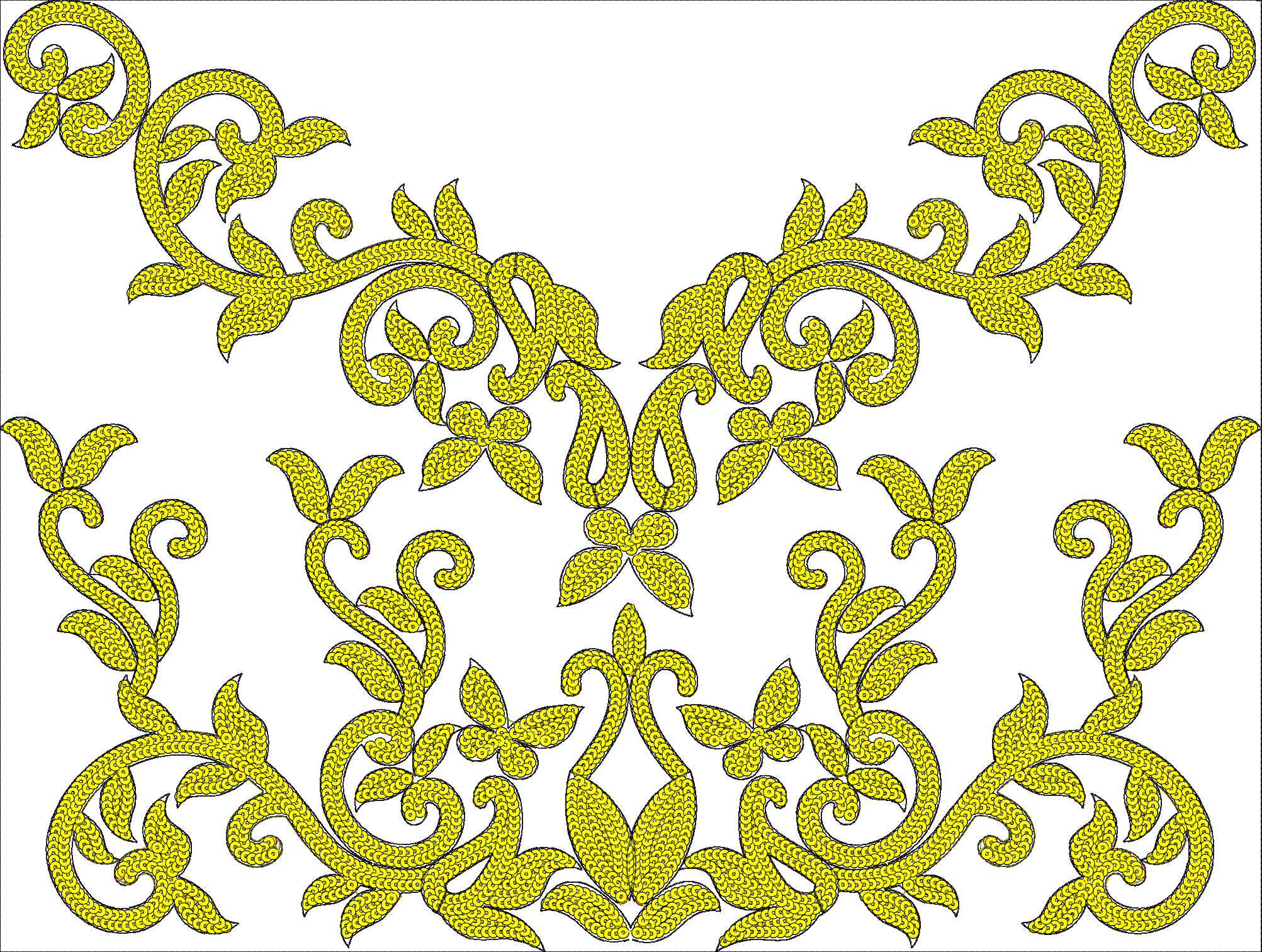Embroidery design: A symmetrical, ornamental embroidery design featuring scrolling yellow vines with leaves and small floral motifs, render