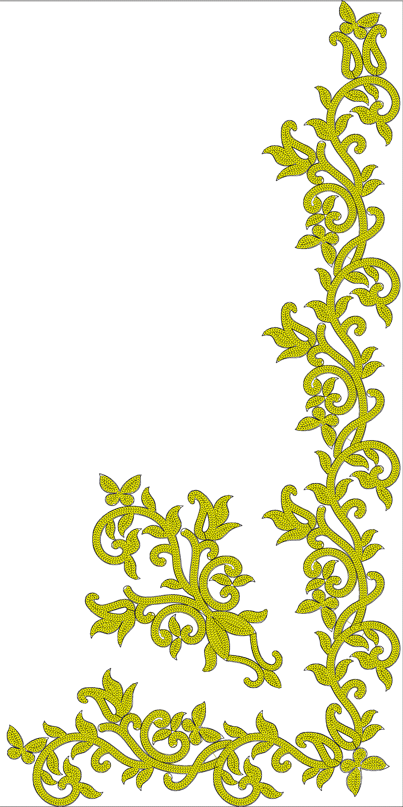 Embroidery design: A yellow scrolling vine embroidery design with leaves and two butterflies, suitable for a corner or border application. 