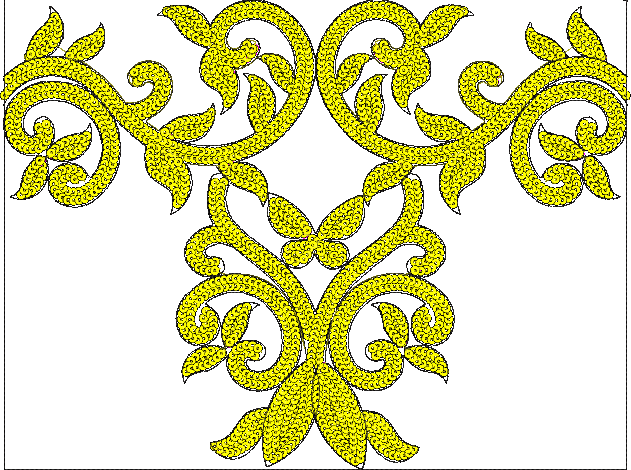 Embroidery design: A symmetrical ornamental embroidery design featuring scrolling yellow patterns with leaf-like elements and black outline