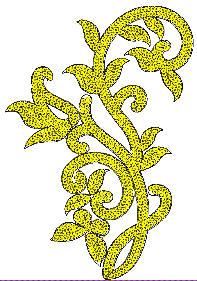 Embroidery design: A decorative embroidery design featuring yellow swirling vines and leaves with a black outline.