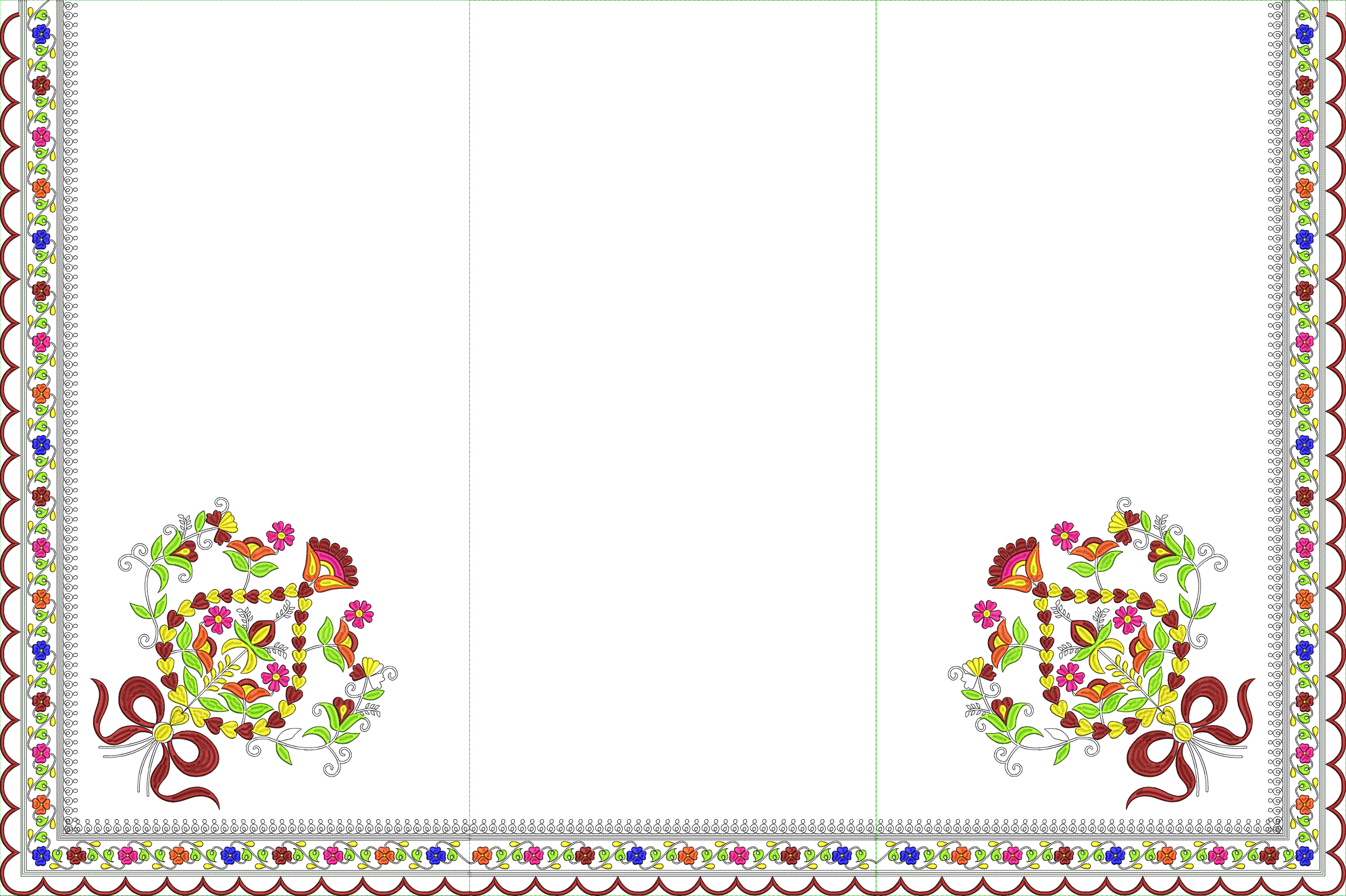 Embroidery design: A traditional embroidery design featuring a repeating floral border with a scalloped edge and symmetrical floral, leaf, 