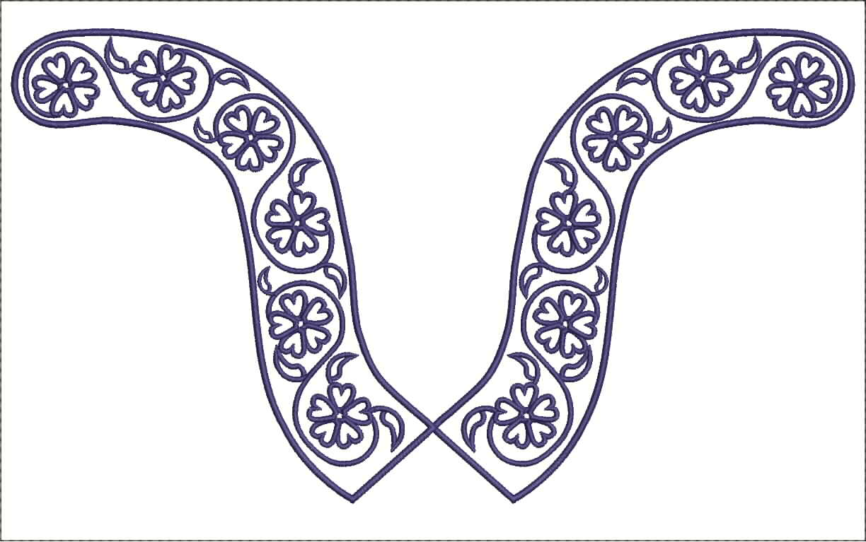 Embroidery design: A symmetrical dark blue and white embroidery design featuring a floral and vine motif, suitable for a neckline or collar