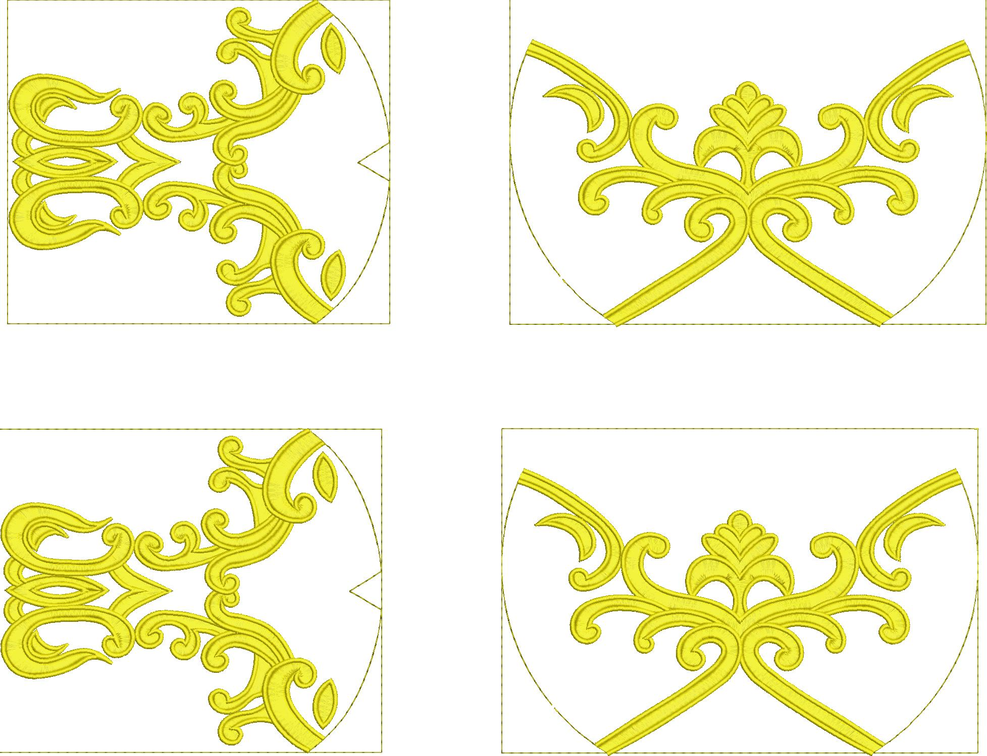 Embroidery design: Four golden yellow embroidery designs featuring ornate, symmetrical scrollwork with leaf motifs, suitable for decorative