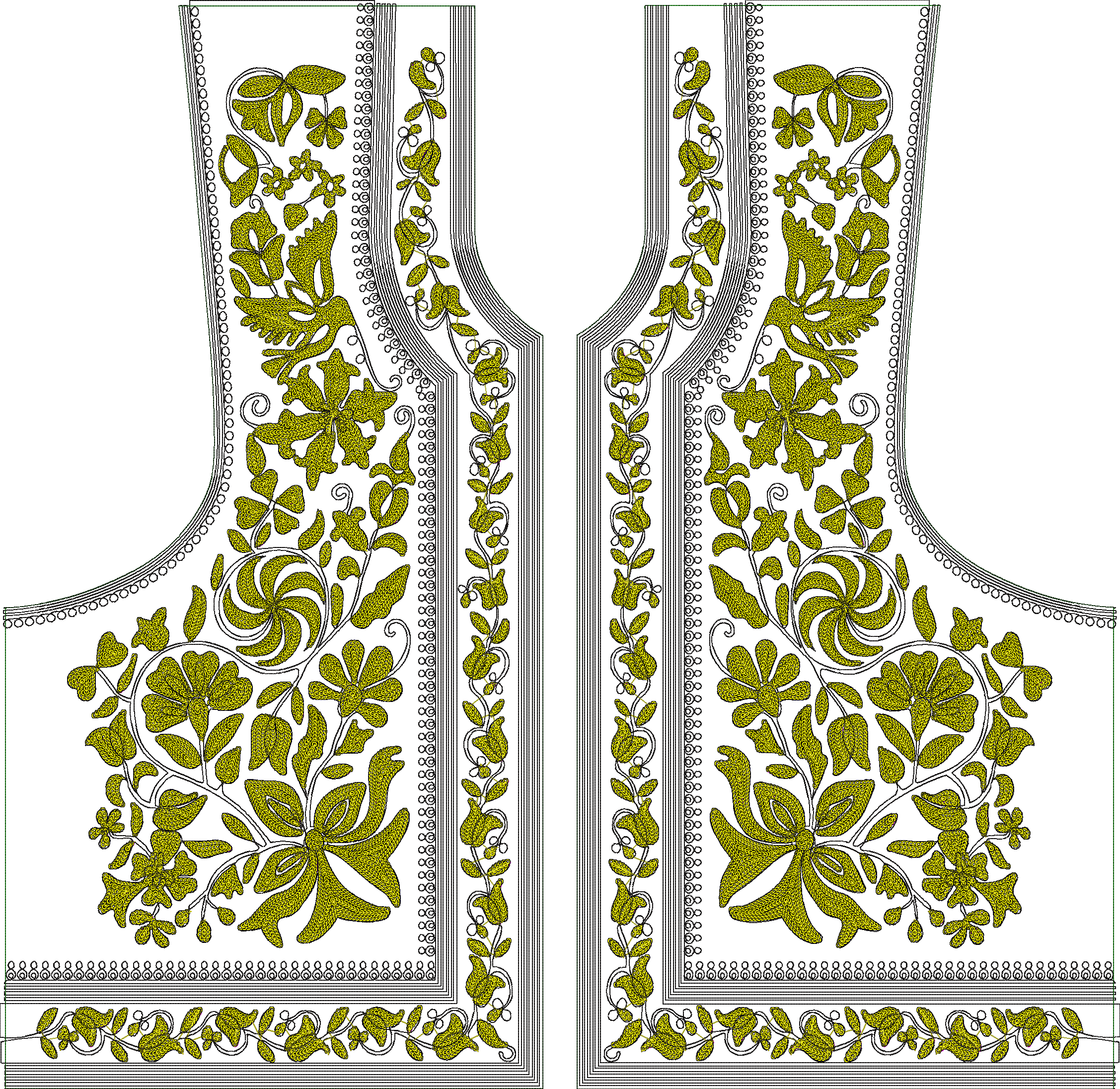 Embroidery design: A symmetrical embroidery design for a garment's neckline and front panel, featuring stylized greenish-yellow flowers, le