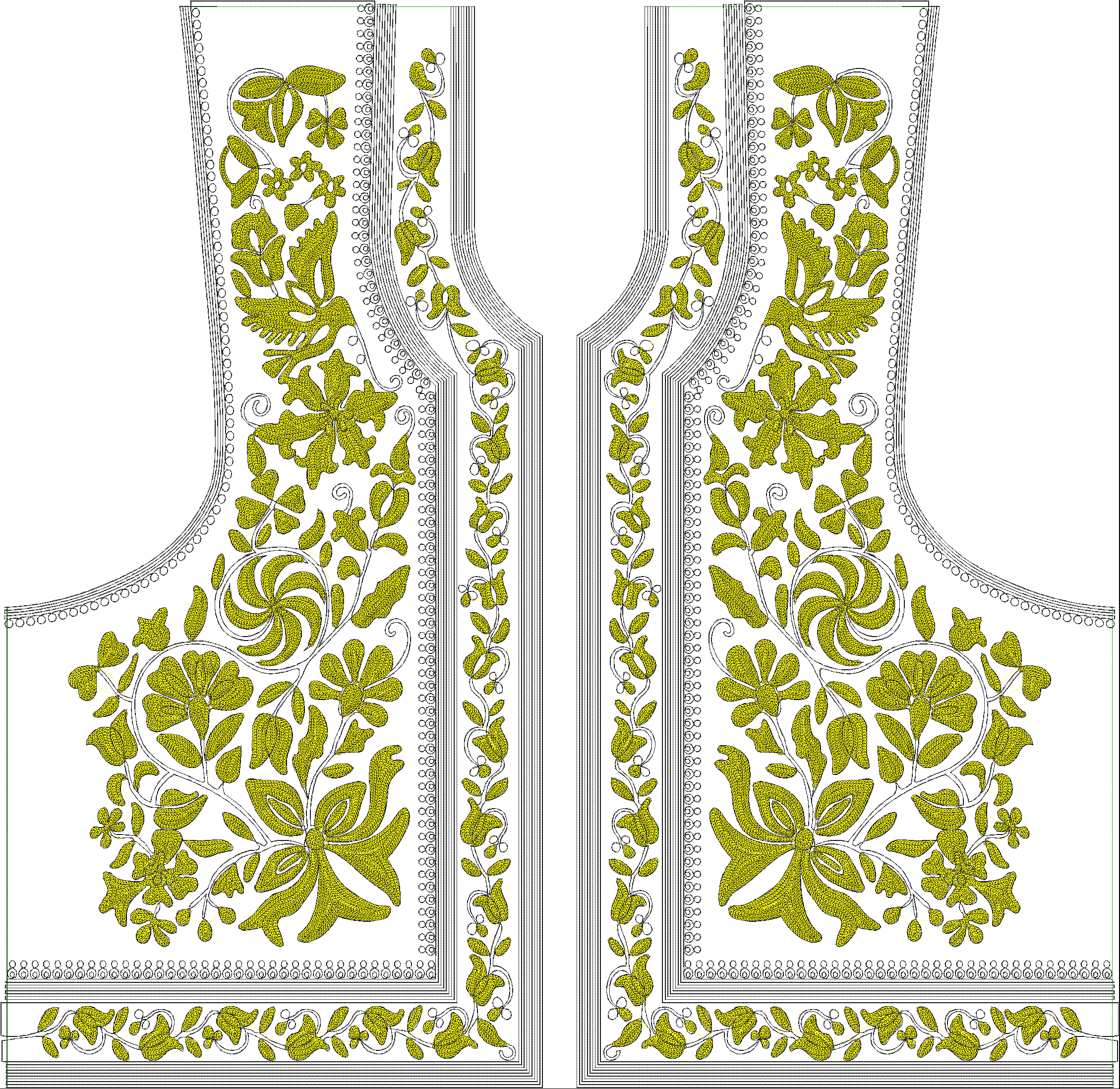 Embroidery design: A symmetrical embroidery design in yellow, featuring ornate floral, botanical, and vine motifs, suitable for a decorativ