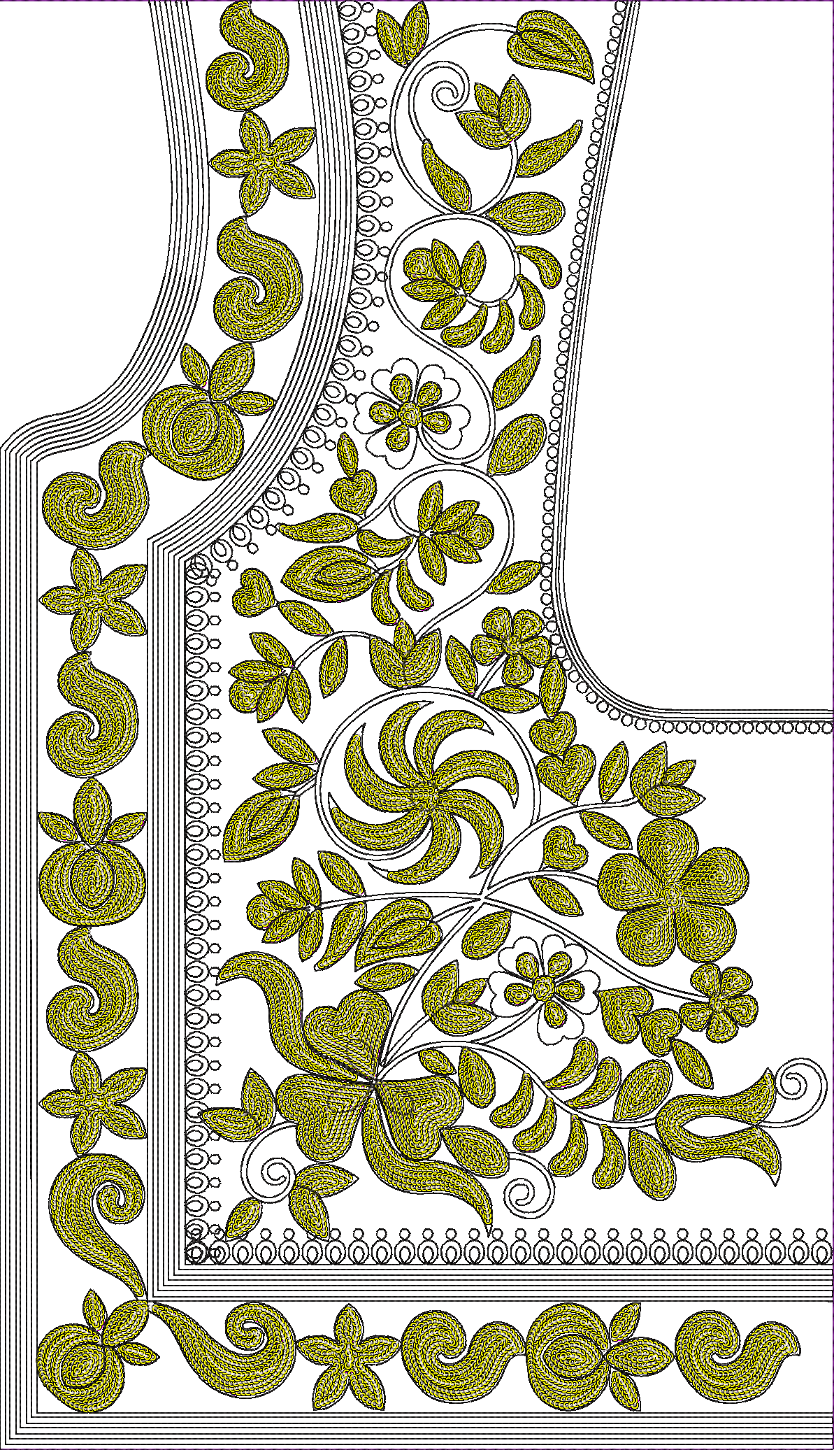 Embroidery design: An intricate embroidery design featuring olive green floral and vine motifs on a white background, with black outlines. 