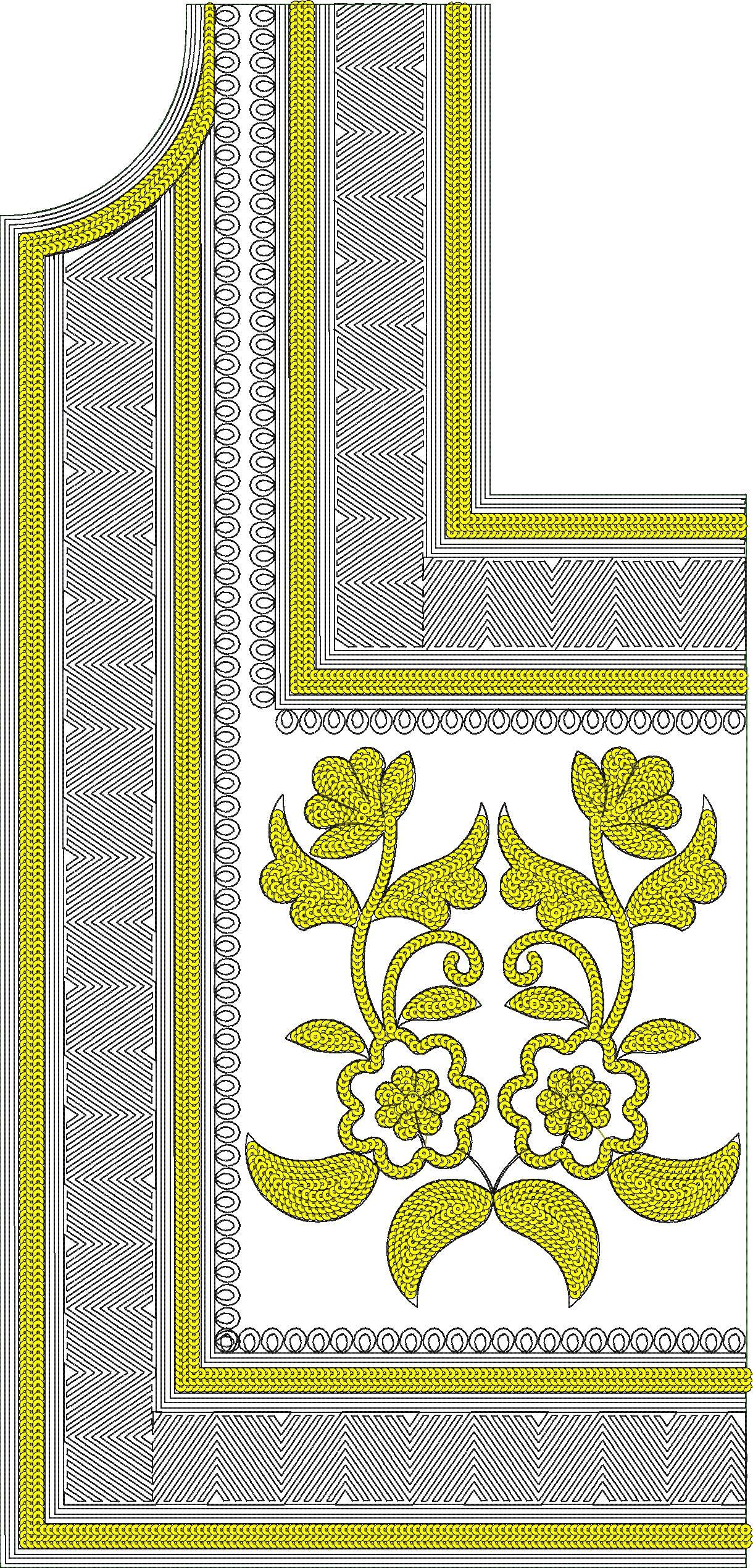 Embroidery design: A decorative embroidery design featuring symmetrical yellow floral and vine motifs bordered by geometric black and white