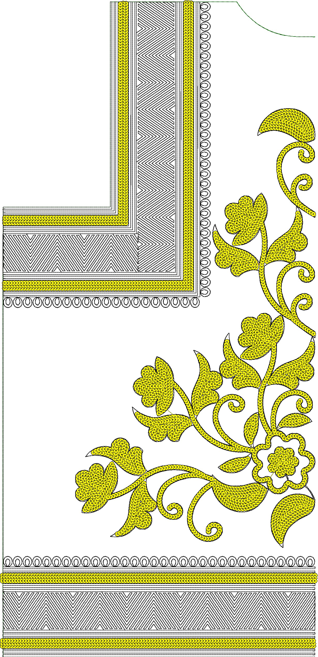 Embroidery design: An embroidery design featuring yellow floral and vine motifs in the corner, with geometric chevron and stripe patterns o