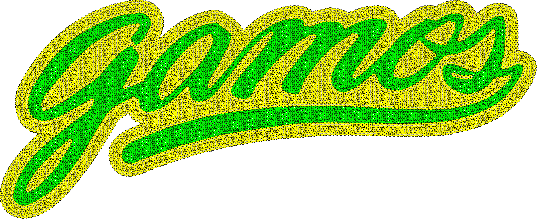 Embroidery design: The word Gomes in a green cursive font, outlined and filled with yellow dots.