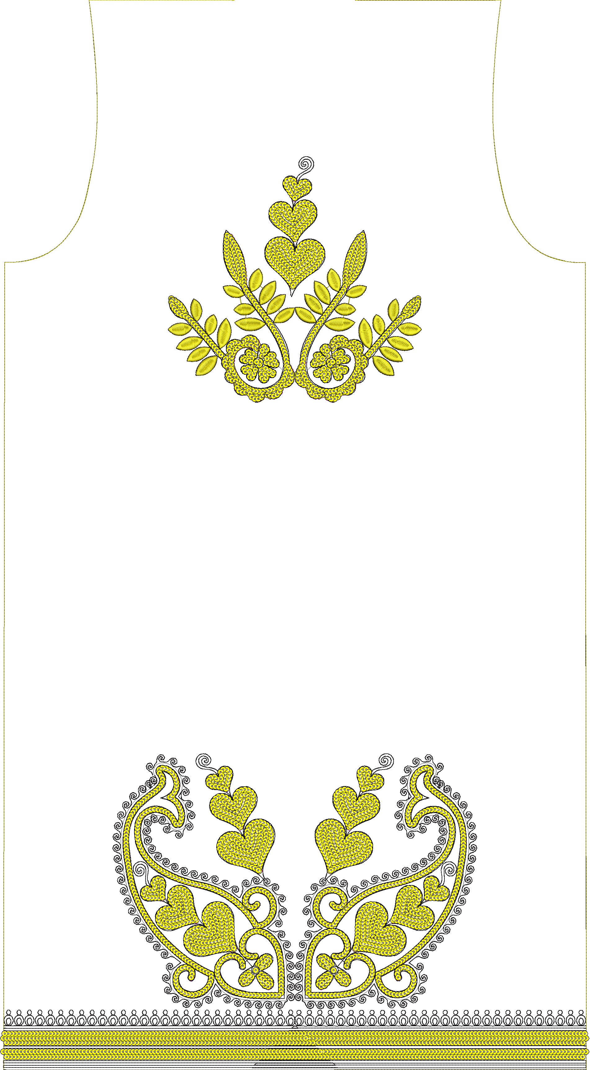 Embroidery design: An embroidery design featuring symmetrical arrangements of yellow heart shapes and leafy branches, with a decorative bla
