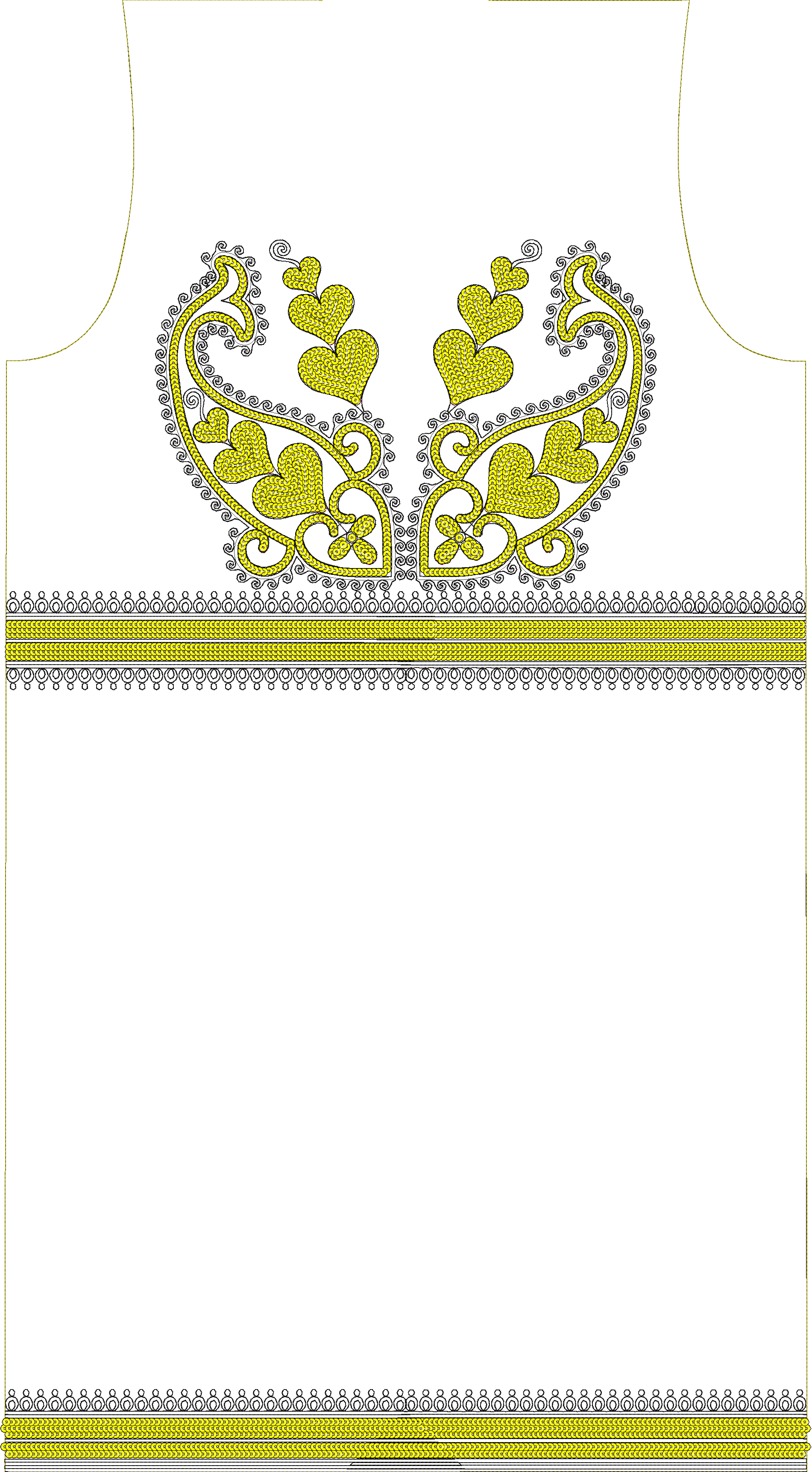 Embroidery design: A symmetrical embroidery design featuring yellow heart shapes and scrollwork at the top, with a decorative yellow and bl