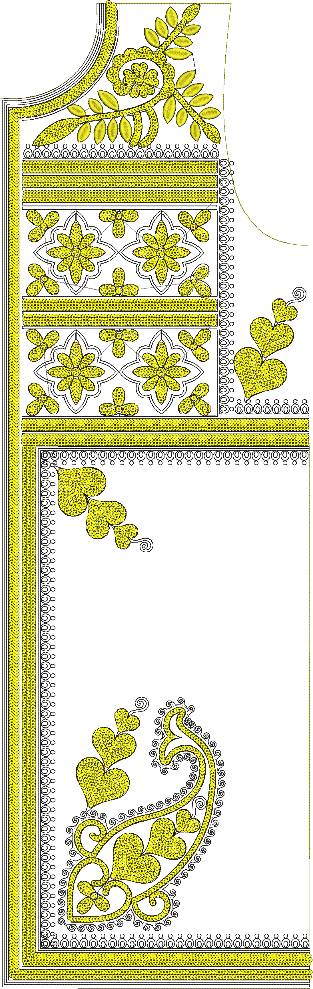 Embroidery design: An ornate embroidery design featuring yellow and black colors with repeating floral, geometric, and scrollwork motifs, d