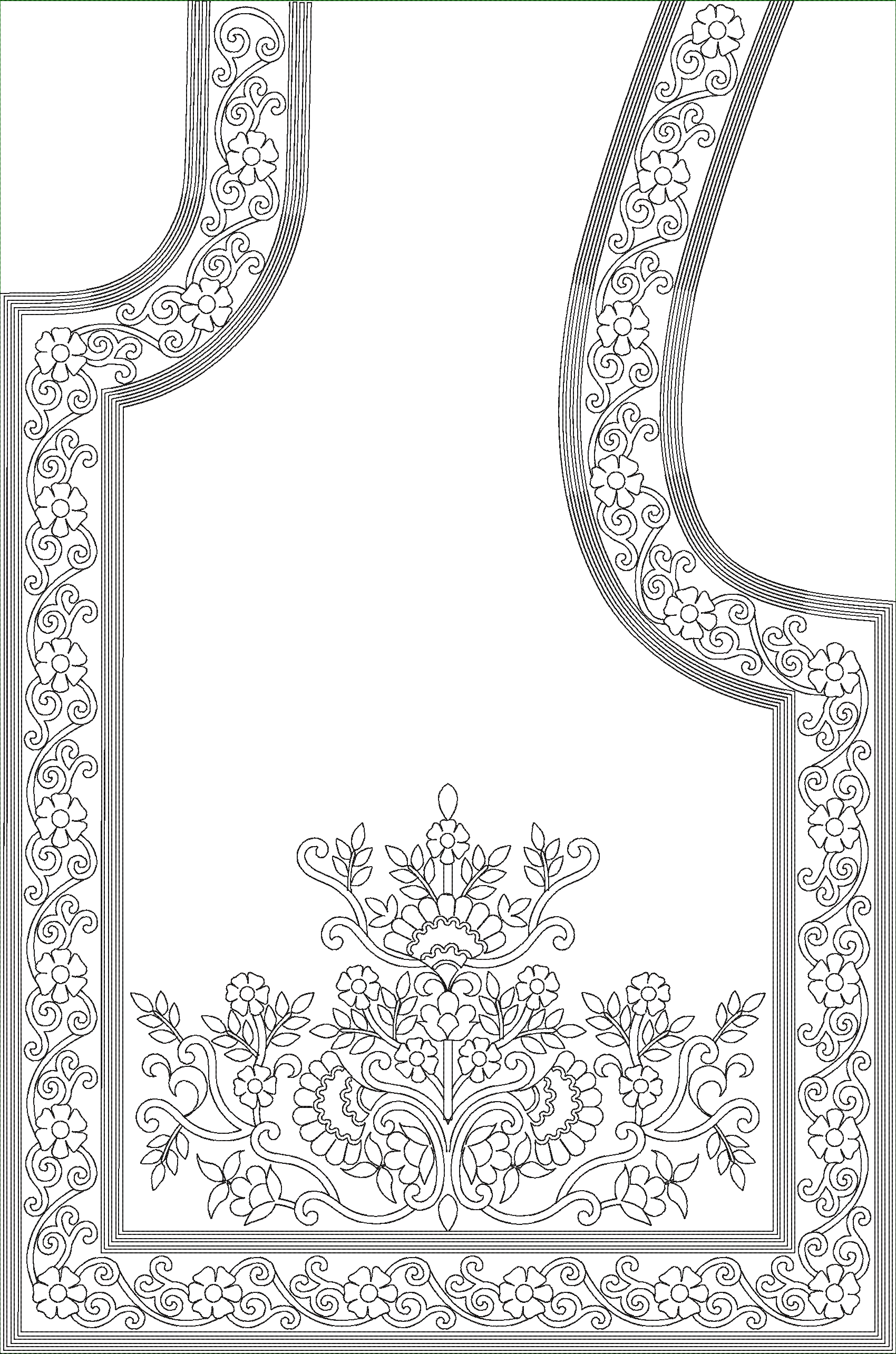 Embroidery design: A symmetrical embroidery design featuring floral and scrollwork elements forming decorative borders and a central orname