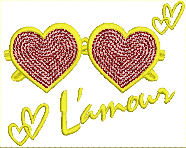 Embroidery design: Embroidered heart-shaped sunglasses with red lenses that appear to be covered in sequins, and the text "L'amour" below t