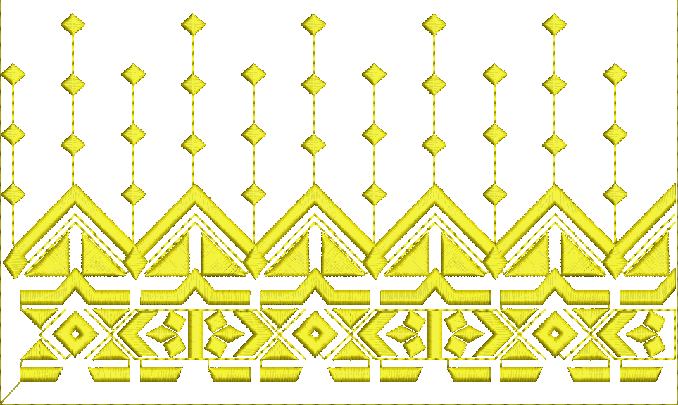 Embroidery design: A yellow embroidery design featuring a repeating geometric pattern with diamond and triangular motifs, suitable for a bo