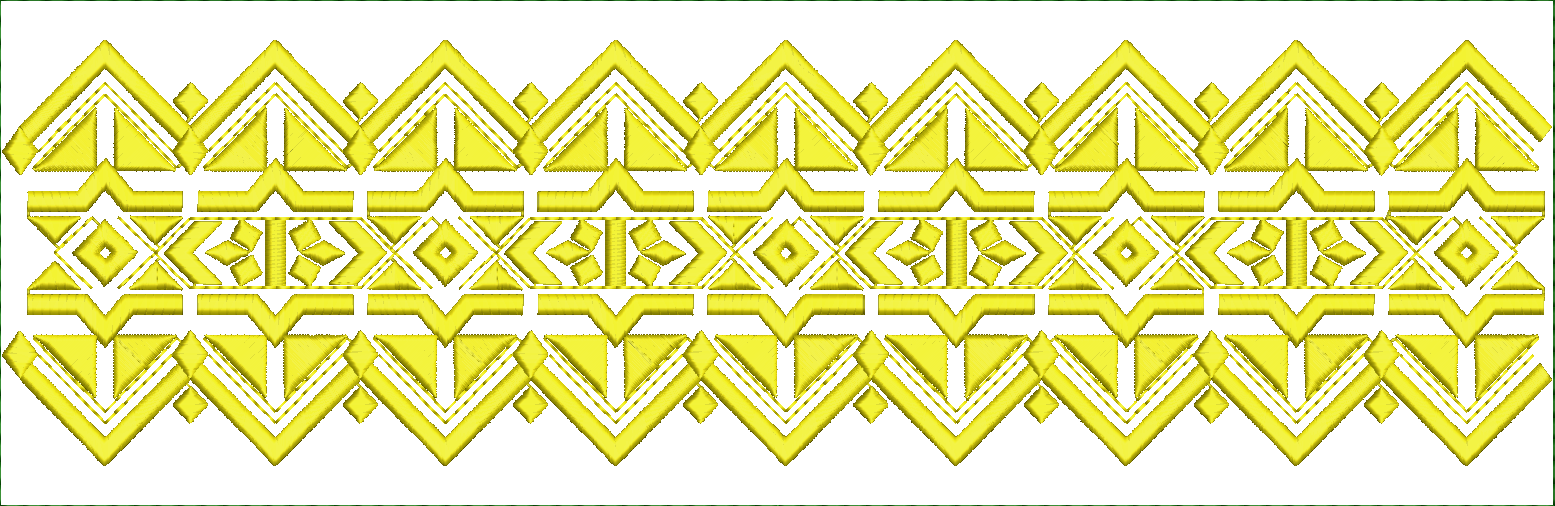 Embroidery design: A decorative, symmetrical, and repeating border design with geometric patterns, featuring diamond and chevron elements i