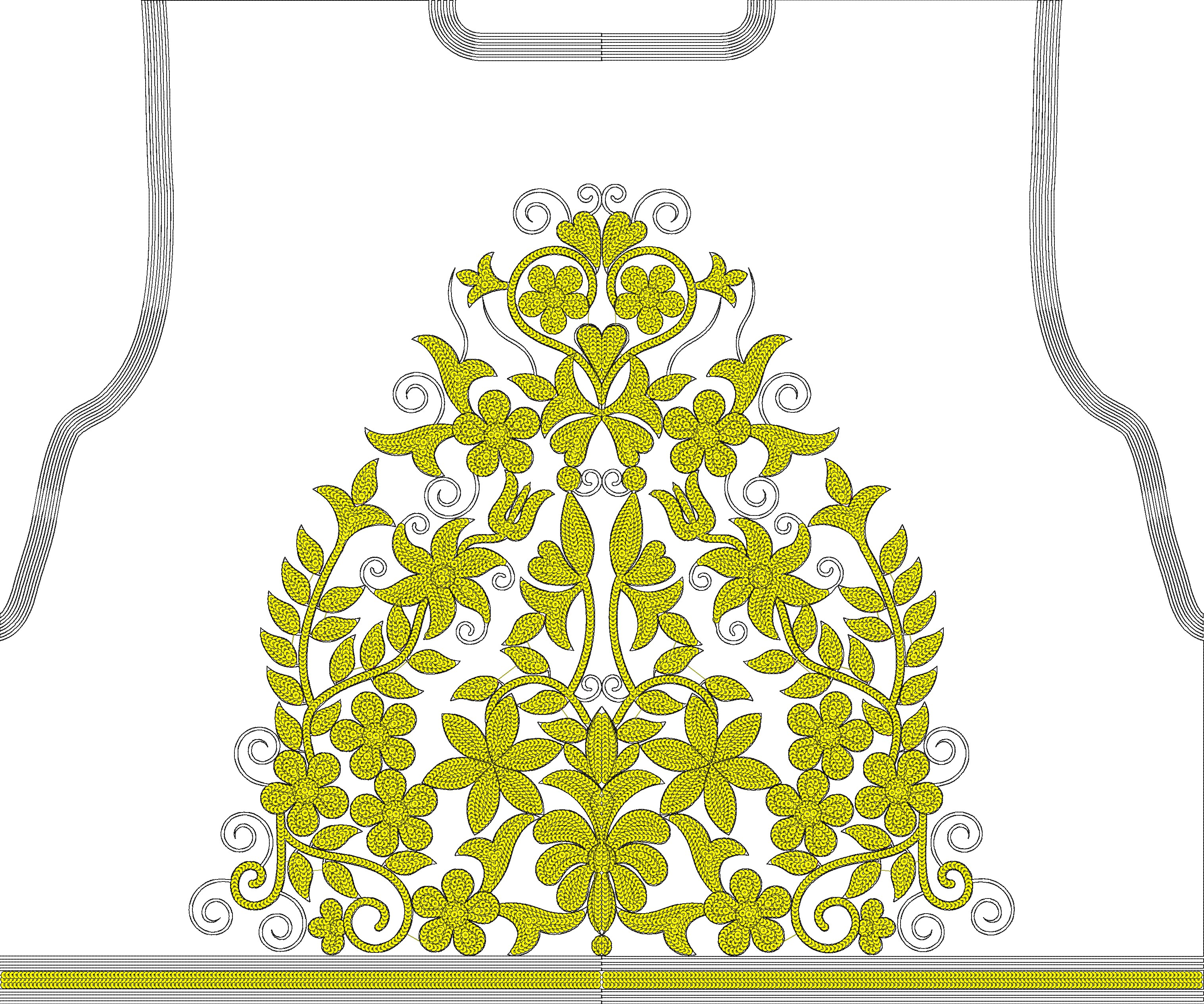Embroidery design: A symmetrical ornamental embroidery design featuring yellow flowers and vines, with black outlines, suitable for a decor