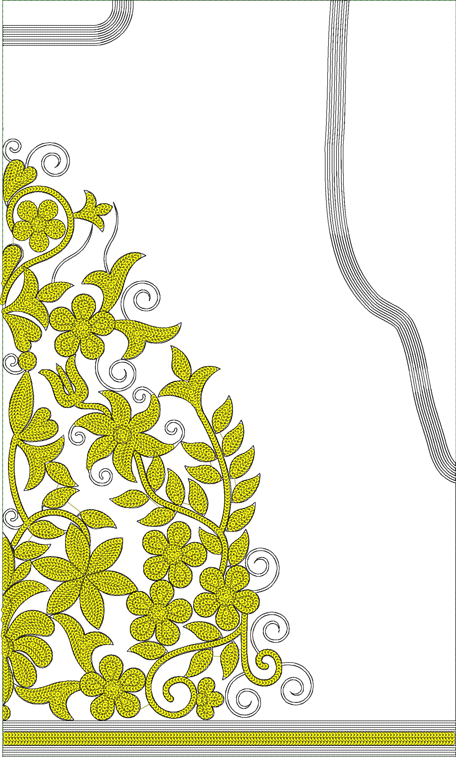 Embroidery design: A decorative yellow floral embroidery design with a vine and leaf motif, featuring a corner and border element.