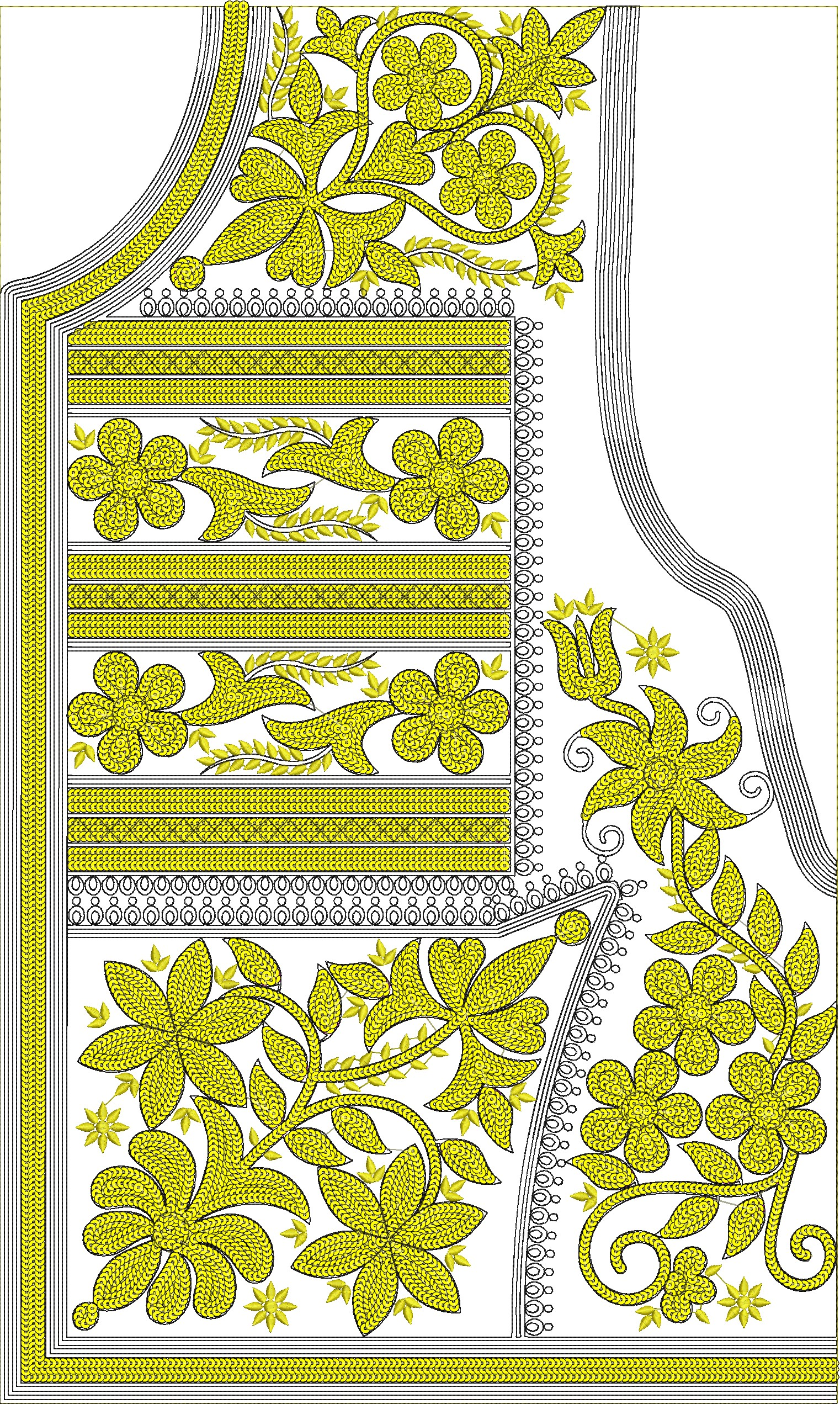 Embroidery design: A decorative embroidery design featuring yellow floral and vine motifs with geometric borders and trim, in black and yel