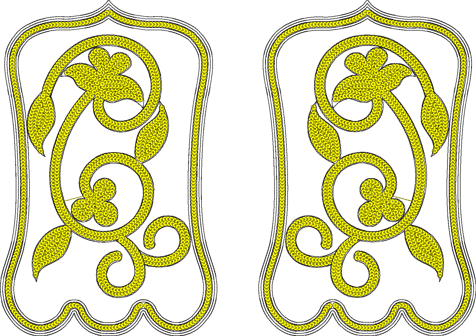 Embroidery design: A decorative embroidery design featuring a symmetrical, mirrored floral and scrollwork motif in yellow and black, with a