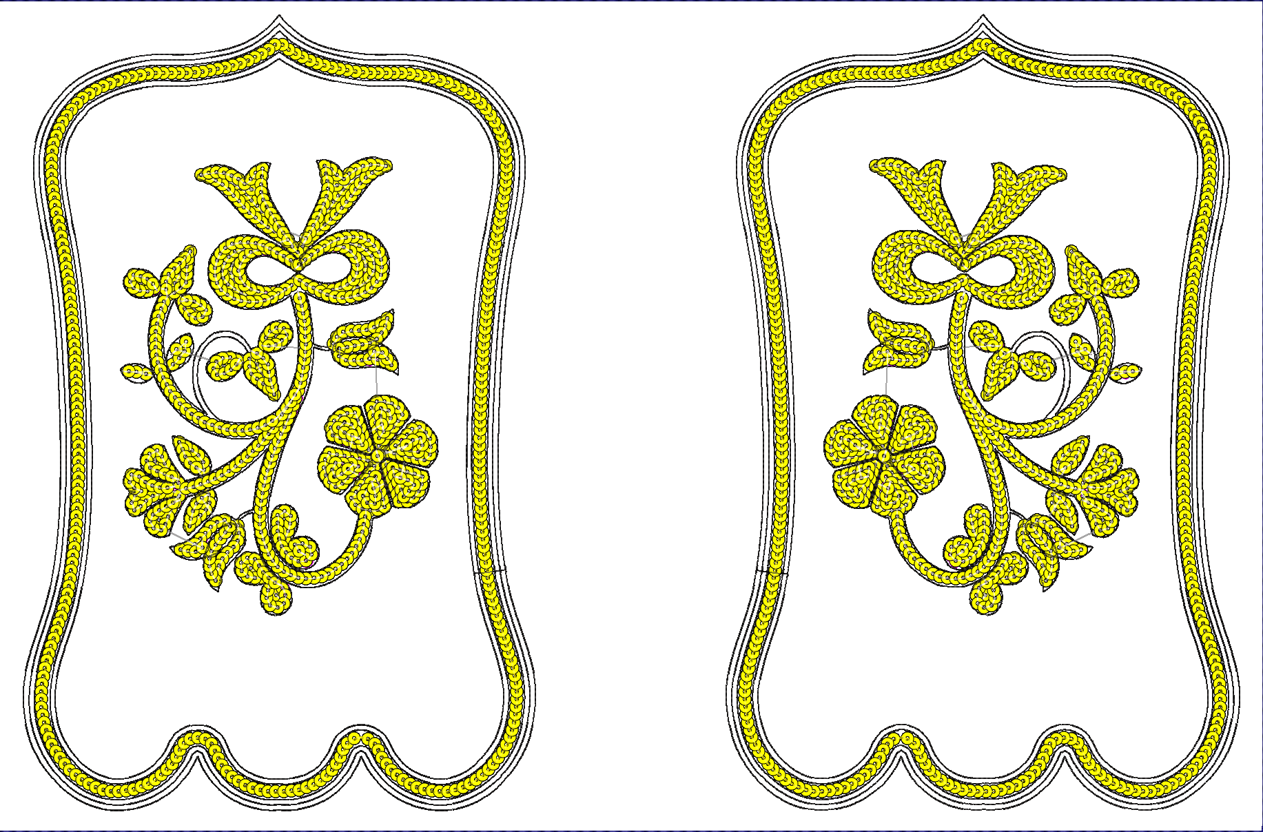Embroidery design: A symmetrical embroidery design featuring two ornate yellow floral and vine motifs within decorative frames with scallop