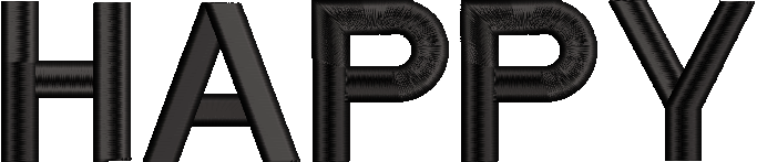 Embroidery design: The embroidery design features the word "HAPPY" in bold, black, sans-serif letters with a dense fill.