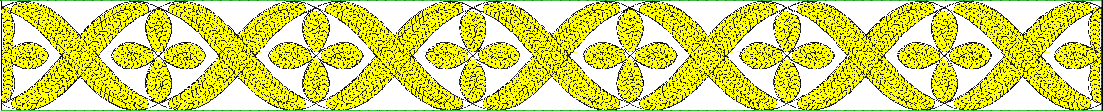 Embroidery design: A continuous yellow embroidery border with a repeating, symmetrical geometric pattern. The design features intertwined o
