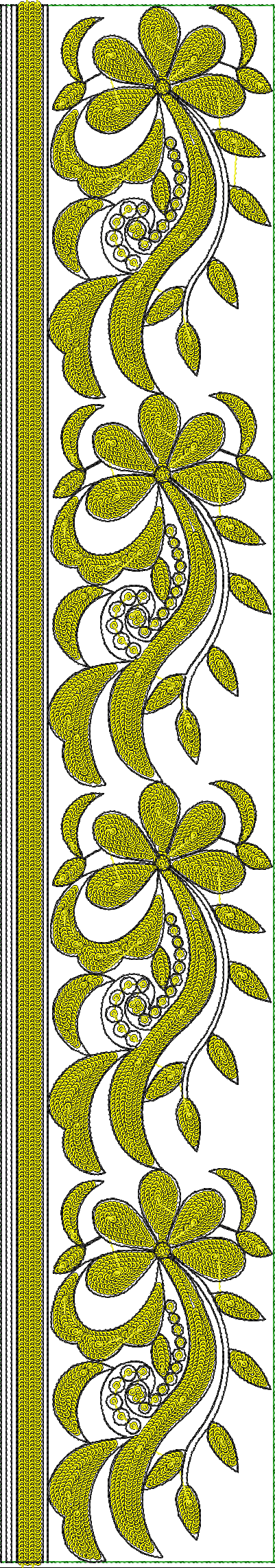 Embroidery design: A vertical embroidery border design featuring repeating yellow floral and vine motifs with black outlines on a white bac