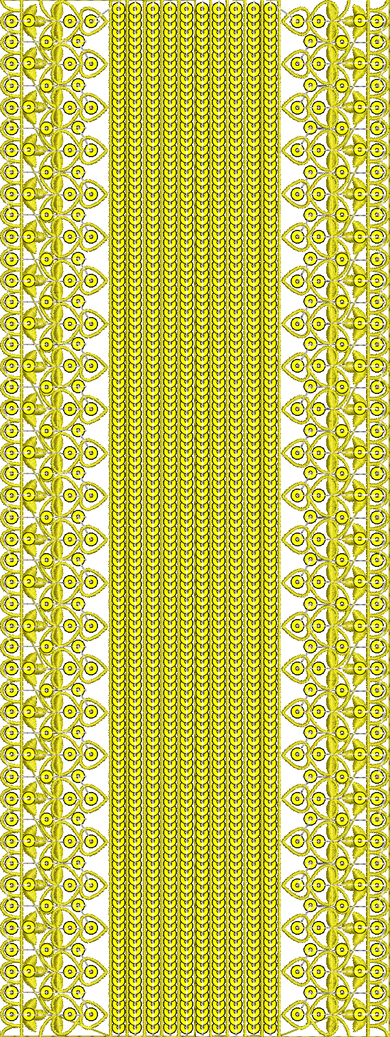 Embroidery design: A symmetrical and repeating yellow border with a dense central panel, featuring ornamental and stylized floral motifs.